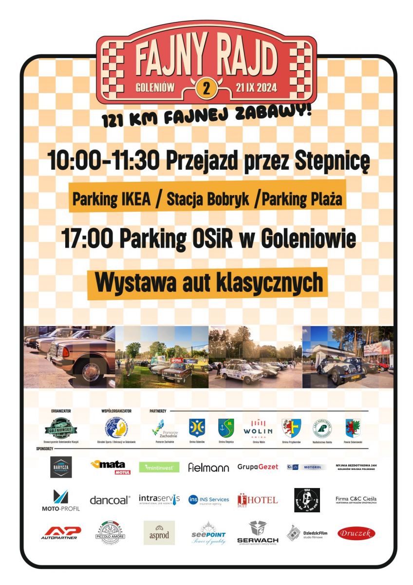 plakat zapowiadajaćy przejazd przez Stepnicę starych aut 